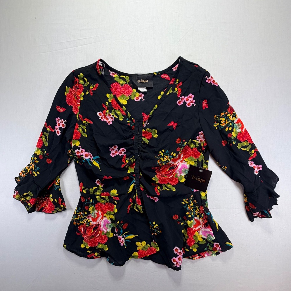 Wishful Black Floral Print Ruched V Neck 3/4 Sleeve Peplum Top XL Grande - Picture 2 of 6
